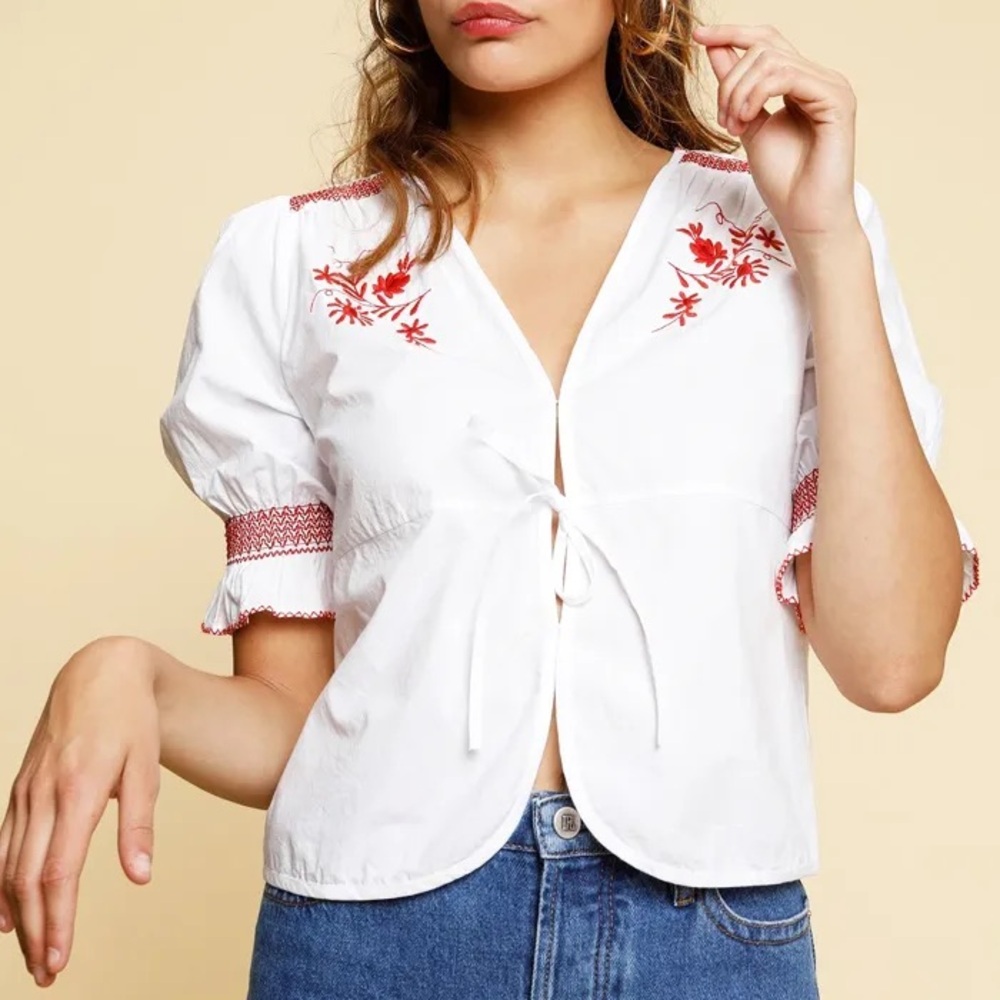 Rouje Leon white and red embroidered tie top